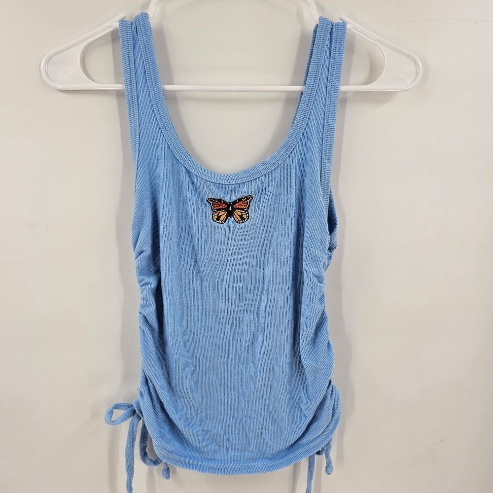 Self esteem medium Blue Sleeveless Top with Butterfly Detail ruched